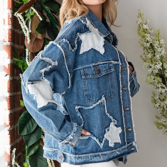 O&H Oversized Star Patchwork Denim Jean Jacket - Picture 5 of 10